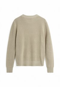 Pull en tricot kaki avec une surface texturée, col rond et bords-côtes aux poignets et à l'ourlet. Il possède des manches longues et une coupe décontractée.