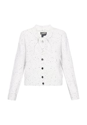 White knitted cardigan with black speckles, round neckline, long sleeves, six black buttons down the front, and a bow detail at the collar.