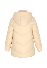 Beige pufferjakke, polstret design med chevron-syninger, hætte og elastiske ærmer. Glat tekstur, letvægtsstof og en afslappet pasform.