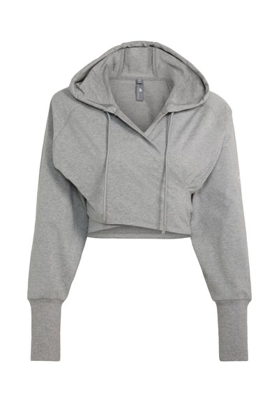 Gray cropped hoodie with long sleeves, ribbed cuffs, a drawstring hood, and an overlapping front design.
