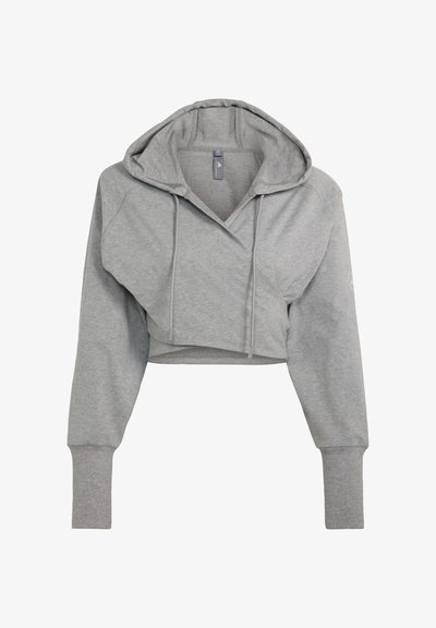 Grauer gekürzter Hoodie mit langen Ärmeln, gerippten Bündchen, Kordelzugkapuze und überlappendem Frontdesign.