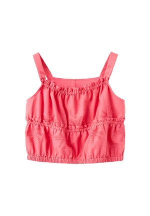 Débardeur court rose à fines bretelles, bandes élastiques froncées en haut, au milieu et à l'ourlet, avec des motifs floraux brodés subtils.