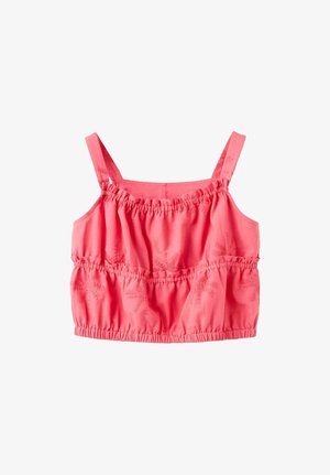 Débardeur court rose à fines bretelles, bandes élastiques froncées en haut, au milieu et à l'ourlet, avec des motifs floraux brodés subtils.