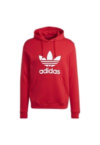 Červená mikina Adidas s bílým trojlístkovým logem a nápisem "adidas", přední kapsou, stahovací kapucí a dlouhými rukávy.