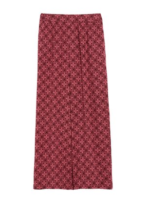 Jupe longue droite couleur bordeaux avec un motif floral géométrique rose et une couture centrale à l'avant.
