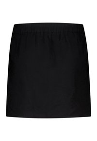 Jupe noire avec une taille élastique, présentant une texture lisse et une coupe droite, offrant une apparence simple et polyvalente.