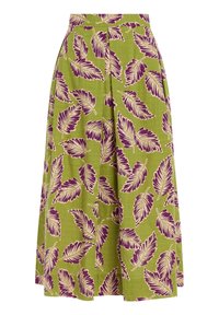 Gonna verde con stampa fogliosa in viola e crema. Presenta pieghe e un design di lunghezza media, realizzata in un tessuto texturizzato.