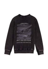 Schwarzer Sweatshirt mit geripptem Halsausschnitt, langen Ärmeln und einem strukturierten Grafikdruck auf der Rückseite, der wellenförmige Linien und Text zeigt.