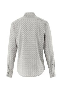 Camicia a maniche lunghe in tessuto grigio chiaro con un delicato motivo floreale, dotata di colletto alla francese e polsini con bottoni.