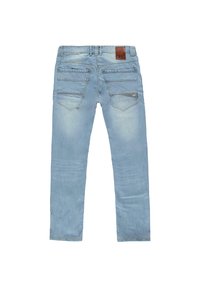 Lichtblauwe denim jeans met een slanke pasvorm, vijf zakken en een leren logo-patch op de achterkant van de tailleband. Verbleekte textuur over het hele oppervlak.