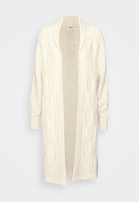 Dlouhý pletený kardigan v off-white barvě s texturovaným pleteným vzorem, otevřeným předním dílem a žebrovanými manžetami. Měkká, pohodlná látka s volným střihem.