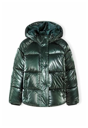 Veste en duvet vert foncé, design matelassé brillant, avec capuche et boutons-pression, dotée de deux grandes poches avant et de poignets élastiques.