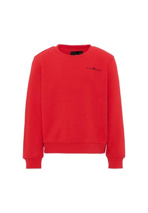 Rode longsleeve sweater met ronde hals, geribde boorden en zoom, met een klein zwart tekstlogo op de linkerborst.