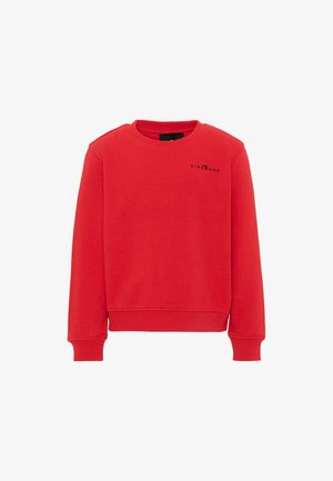 Rode longsleeve sweater met ronde hals, geribde boorden en zoom, met een klein zwart tekstlogo op de linkerborst.