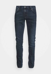 Mörkblå denimjeans, slim fit, femficksmodell, med knäppning och dragkedja, subtila blekningar och kontrasterande sömmar.