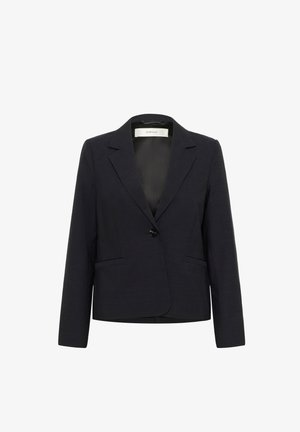 Mornarski blejzer z enojnim gumbom, z zareznimi reverji in dvema sprednjima žepoma. Narejen je iz gladkega materiala z prilegajočo se krojem.