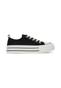 Zapatillas de lona negras con suela de goma blanca, que presentan acentos a rayas y ojales metálicos para los cordones. Punta redondeada y una anilla trasera para facilitar su colocación.