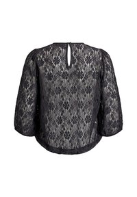 Čierny čipkový top s voľným strihom, nadýchanými rukávmi a detailom s kľúčovou dierkou na chrbte. Zložitý čipkový vzor pridáva textúru a vizuálny záujem.