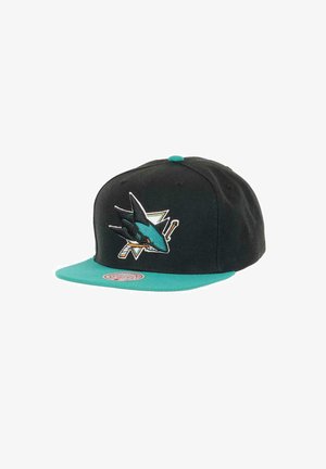 Black baseball cap with a teal visor. Features an embroidered shark logo in teal and white on the front. Adjustable snapback closure.