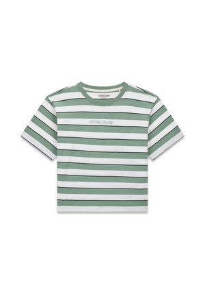 T-shirt à manches courtes rayé vert et blanc avec des rayures accent noir et le logo "GUESS JEANS" brodé sur le devant. Encolure ronde.