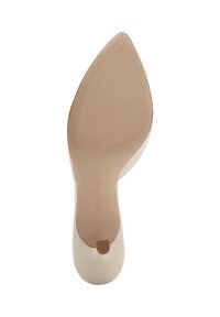 Suola di scarpa con tacco alto beige, caratterizzata da una forma liscia e arrotondata con una superficie testurizzata, una cresta centrale e un design del tacco affusolato.