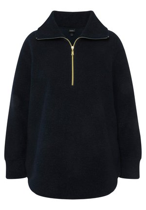 Zwarte fleece pullover met een hoge kraag, ritssluiting aan de voorkant, lange mouwen en een rechte zoom. Voorzien van een contrasterende gele rits.