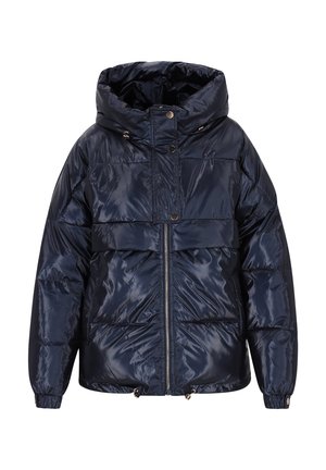 Granatowa puchowa kurtka z zamkiem z przodu, dużym kapturem i dodatkowymi guzikami. Posiada pikowaną fakturę i dwie przednie kieszenie.