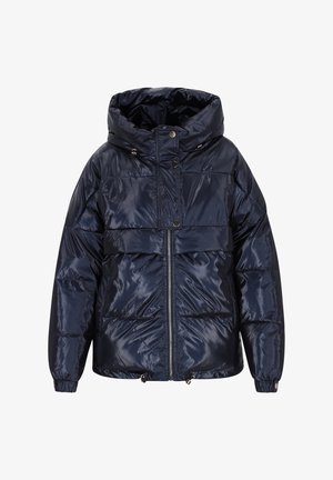 Navy blue puffer jacket with a zip front, large hood, and button accents. Features a quilted texture and two front pockets.