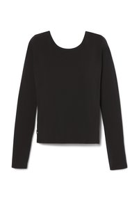 Schwarzes Langarmoberteil mit weitem Rundhalsausschnitt. Aus glattem Stoff gefertigt, mit hellen Passform und einem kleinen Markenetikett am Saum.