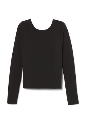 Maglietta nera a maniche lunghe con ampio scollo tondo. Realizzata in tessuto liscio, presenta una vestibilità regolare e un piccolo logo tagliato in basso.