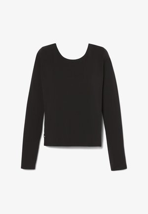 Maglietta nera a maniche lunghe con ampio scollo tondo. Realizzata in tessuto liscio, presenta una vestibilità regolare e un piccolo logo tagliato in basso.