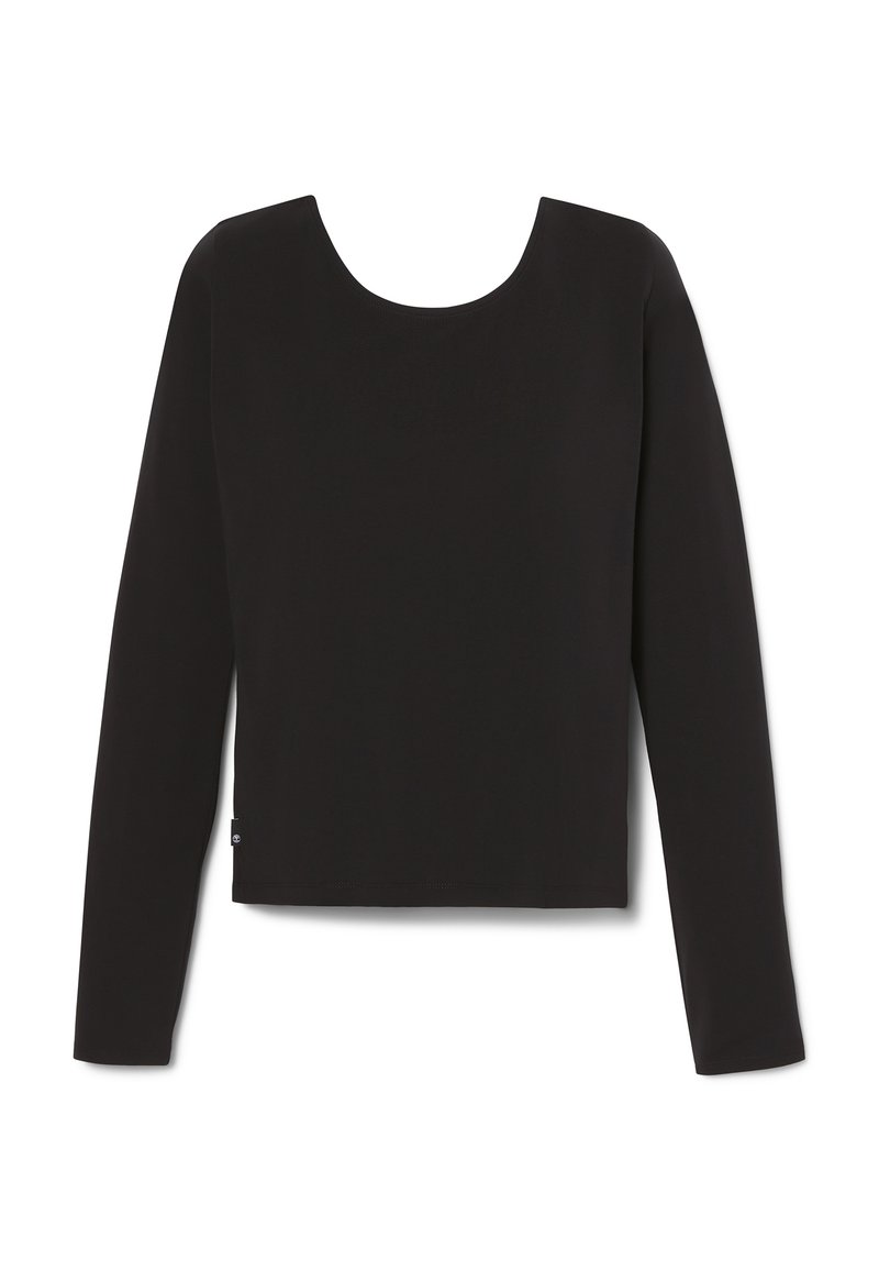 Maglietta nera a maniche lunghe con ampio scollo tondo. Realizzata in tessuto liscio, presenta una vestibilità regolare e un piccolo logo tagliato in basso.