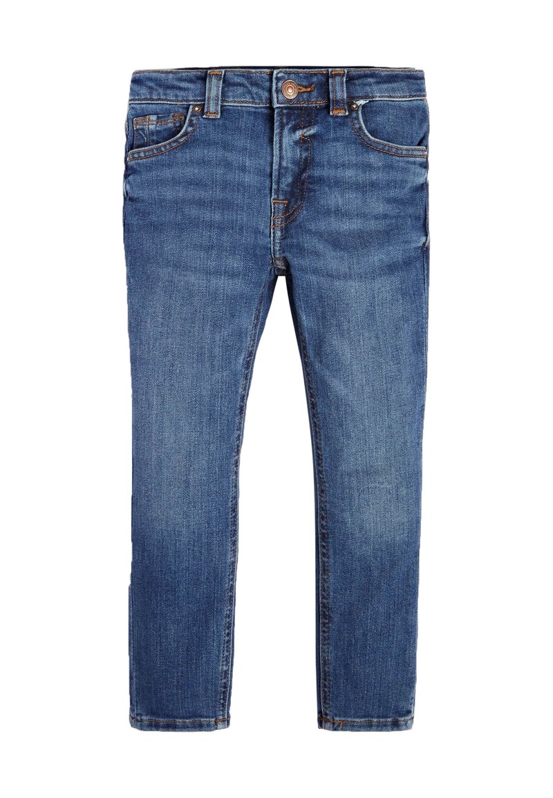 Blå denimjeans med rak bendesign, fram- och bakfickor, kopparknappstängning och minimal blekning eller slitage.