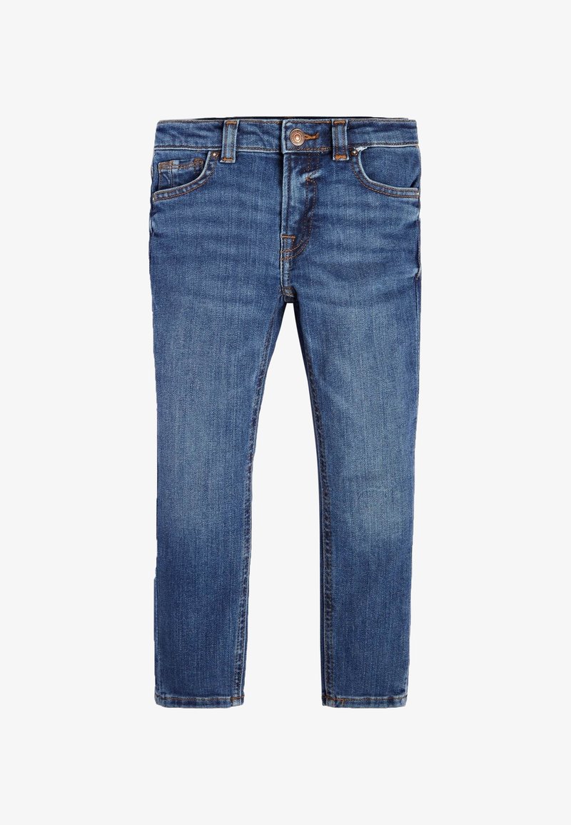 Blå denimjeans med rak bendesign, fram- och bakfickor, kopparknappstängning och minimal blekning eller slitage.