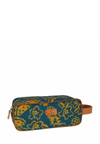 Borsa cosmetica rettangolare in teal con motivo floreale giallo, con dettagli in pelle marrone e una maniglia laterale. Chiusura con zip.
