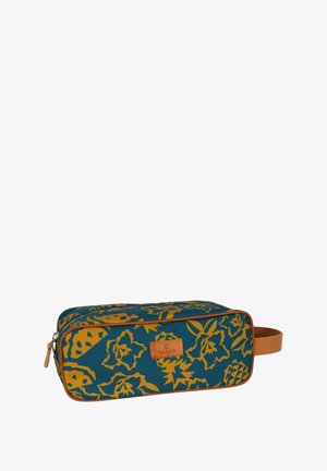 Rectangular cosmetic bag in teal with yellow floral pattern, featuring brown leather accents and a side handle. Zippered closure.
