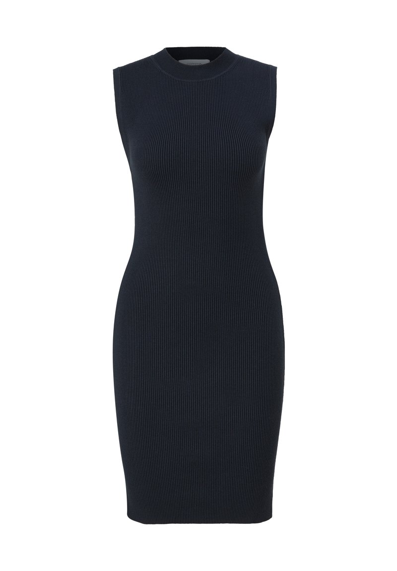 Marineblaues, geripptes, ärmelloses Kleid mit hohem Ausschnitt und taillierter Silhouette, das den Körper umschmeichelt und oberhalb des Knies endet.