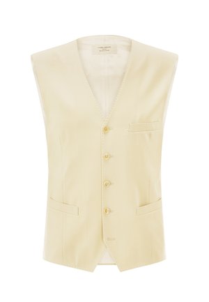 Cream-colored men's waistcoat with V-neck, four buttons, and three front pockets, displayed on a white background.