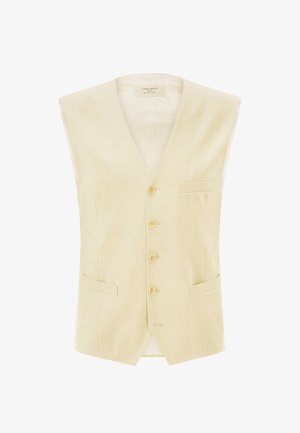 Cremefarbene Herrenweste mit V-Ausschnitt, vier Knöpfen und drei Vordertaschen, dargestellt auf weißem Hintergrund.