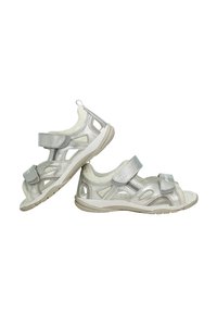 Sandali argento con cinghie, design ventilato, suola in gomma e chiusure regolabili in Velcro; leggeri e open-toe con accenti ritagliati.