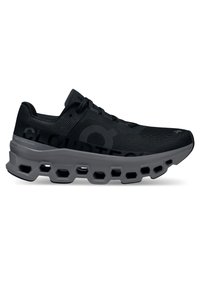 Svart atletisk sneaker med en texturerad ovandel, hexagonal dämpande sula och subtil logotypdetalj på sidan för förbättrad prestanda.