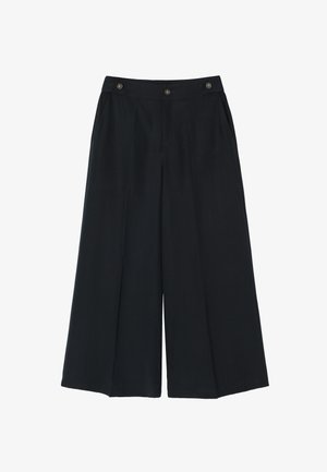 Zwarte wijde broek van een soepele stof, met twee voorzakken, een vlakke voorkant en twee knoopaccenten op de taille.