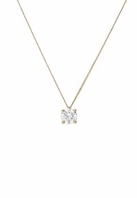 Gouden ketting met een ronde, heldere edelsteenhanger bevestigd in vier klauwtjes, met een delicate gedraaide textuur en een gepolijste afwerking.