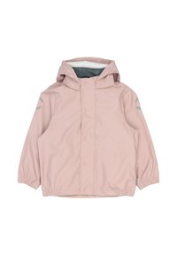 Šviesiai rožinė neperšlampama striukė su kapišonu, elastinėmis rankogaliais, priekiniais spaudėtais užsegimais ir pilkos spalvos vidiniu pamušalu. Su subtiliais pilkais akcentais.