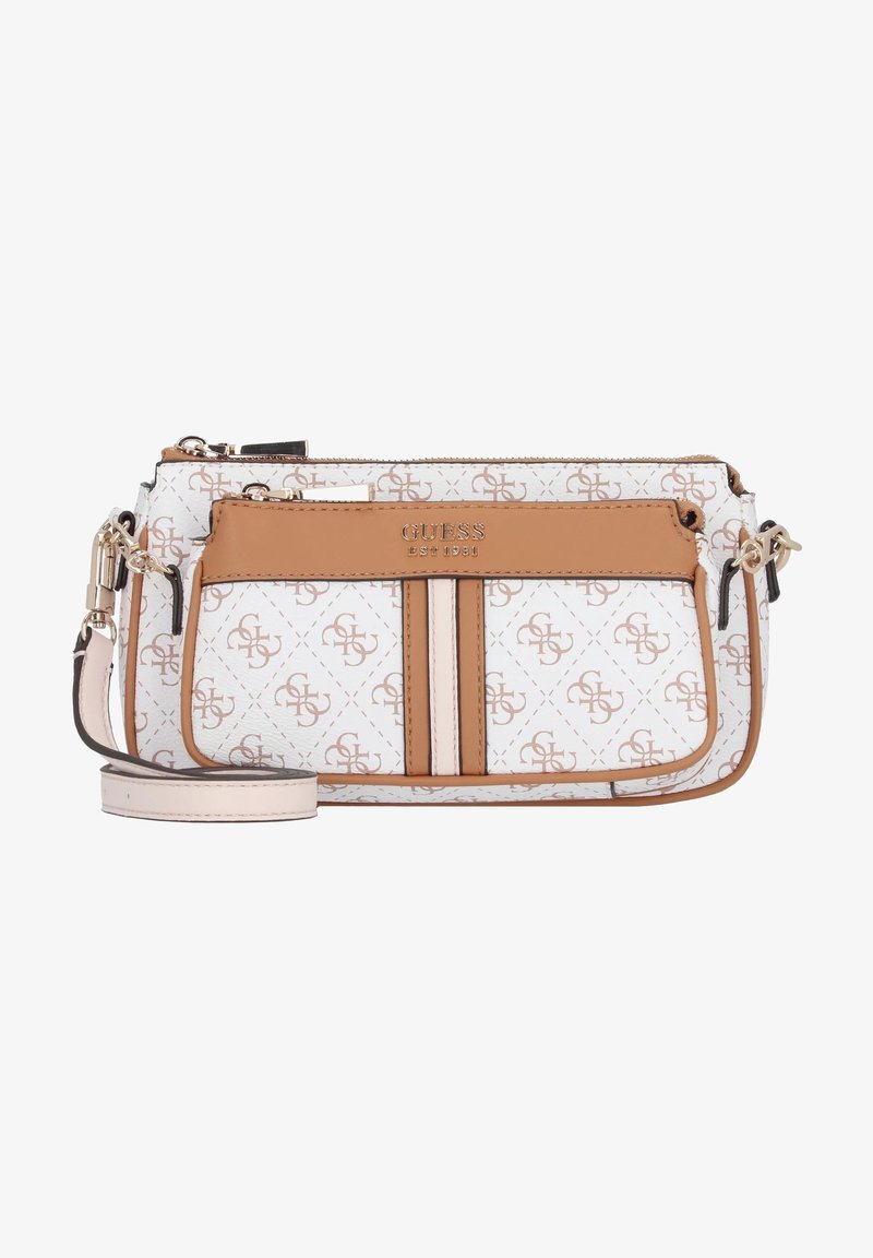Bracelet Guess blanc et beige avec motif logo, poche zippée à l'avant et bandoulière détachable, conçu pour les petits essentiels.