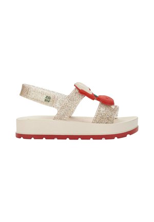 Sandalo luccicante per bambini con suola beige, battistrada rosso e due bottoni rossi e bianchi sulle fasce luccicanti e sul cinturino del tallone con logo.
