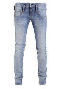 Jeans skinny in denim azzurro chiaro, con design a cinque tasche, rivetti in ottone e chiusura con bottone. Dettagli strappati su tutta la superficie.