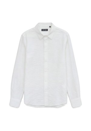 Camicia bianca a maniche lunghe con bottoni, colletto e polsini, etichettata Antony Morato, mostrata distesa su sfondo bianco.