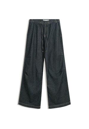 Široké nohavice z tmavého denimu s elastickým pásom a šnúrkou. Obsahujú bočné vrecká a rovné lemy s jemnými švami.