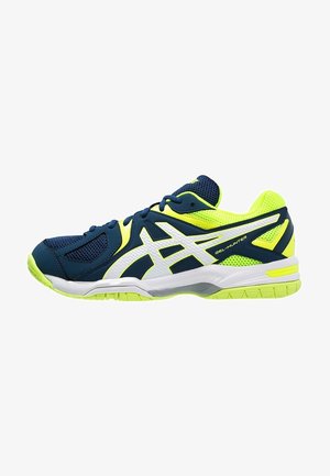 Chaussure de sport avec tige en mesh bleu marine et jaune vif synthétique, logo de marque blanc et semelle jaune clair, vue de côté.